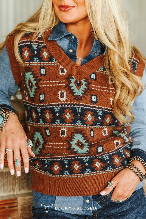 Brown Turquoise Aztec Sweater Vest
