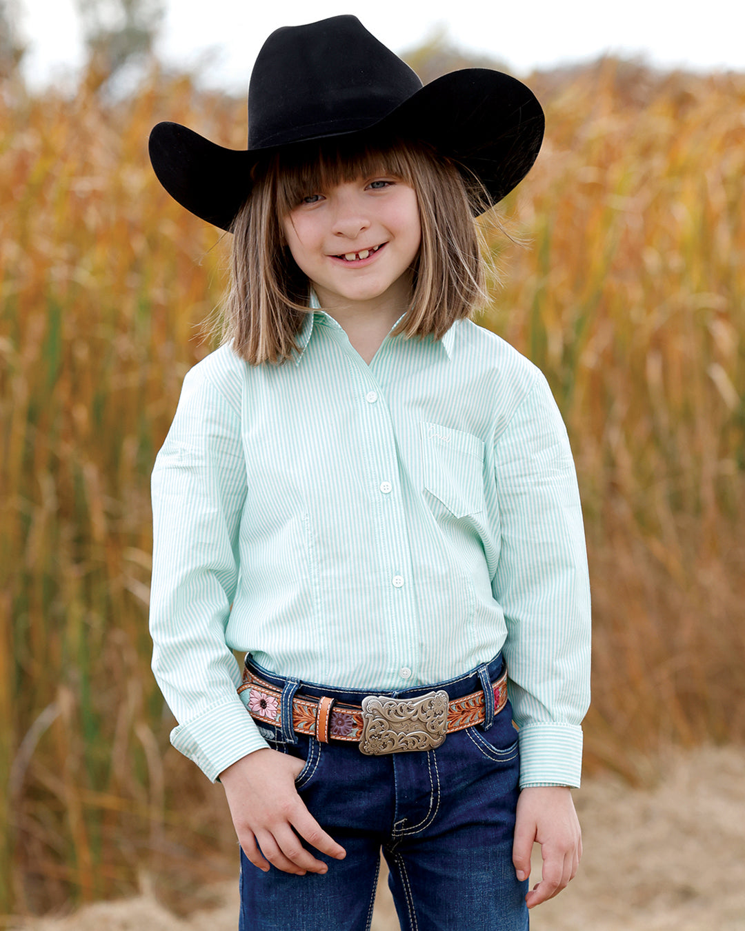 Cruel Denim Girls Button Down Western Shirt - Mint Stripe
