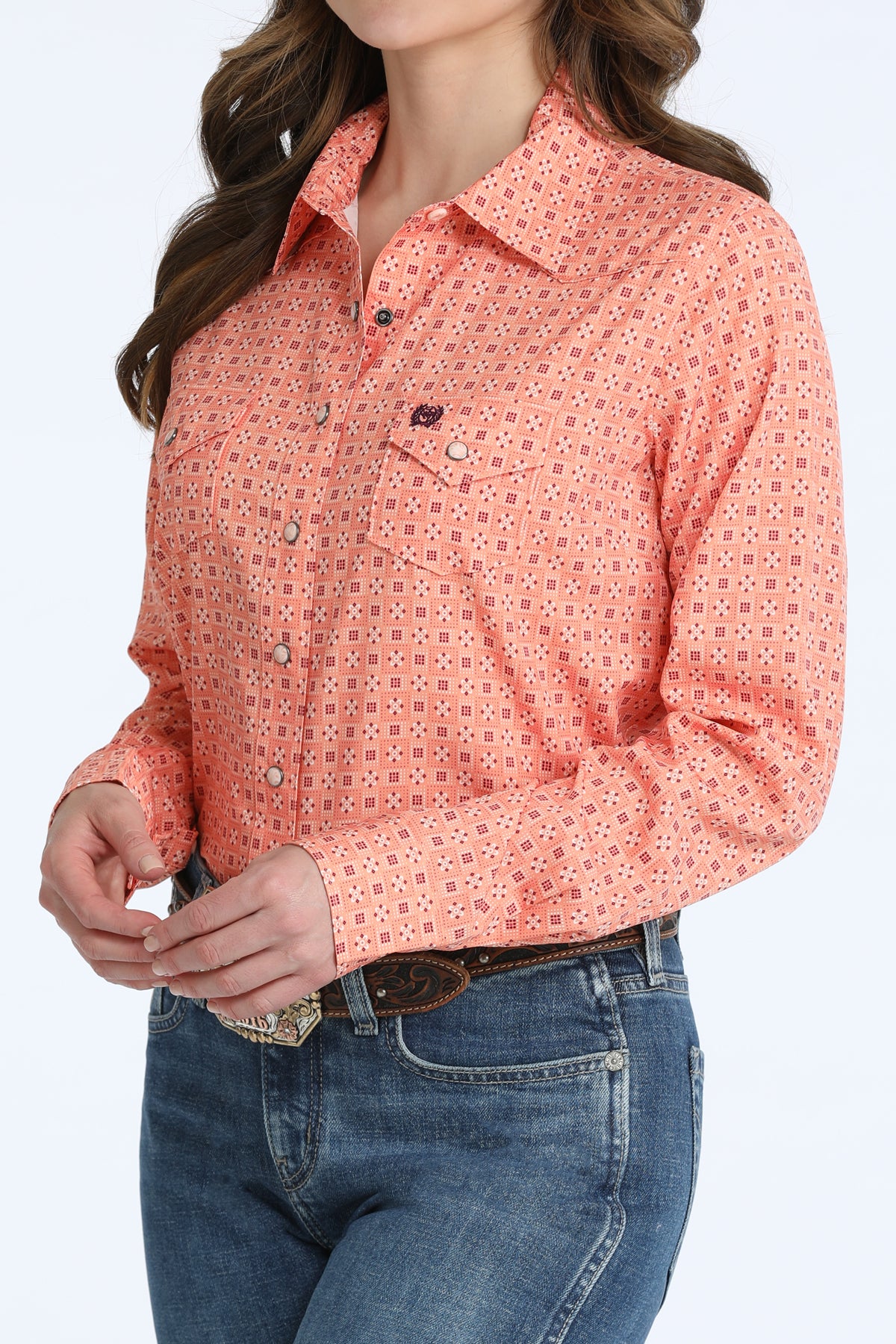 Cinch ArenaFlex Button-Down Western Shirt - Coral Geo Print