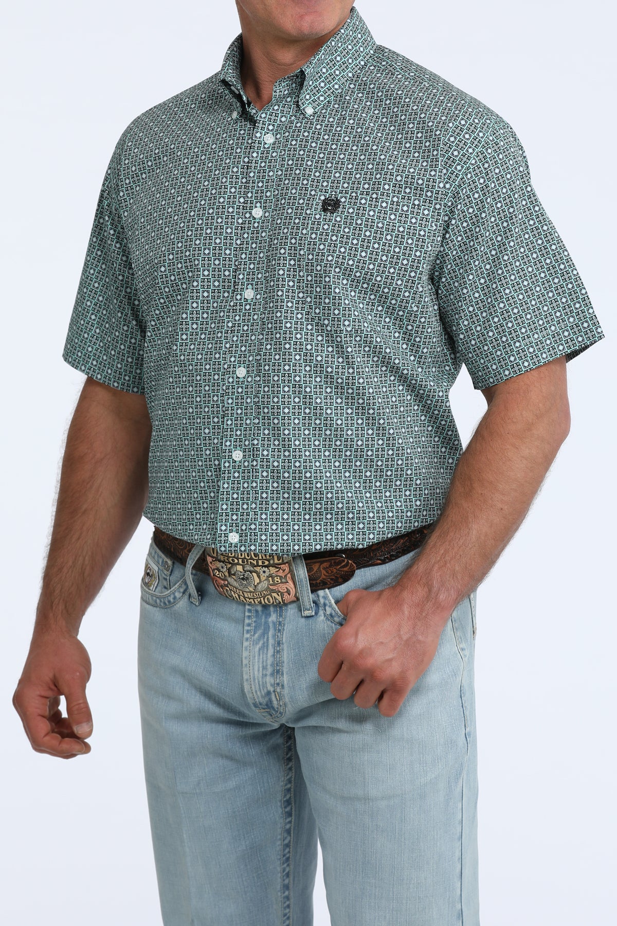 Cinch Classic Fit Short Sleeve Button Down Shirt - Mint Geo Print
