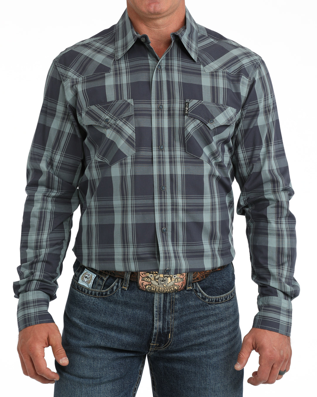 Cinch Solid Modern Fit Button-Down Western Shirt - Blue Plaid