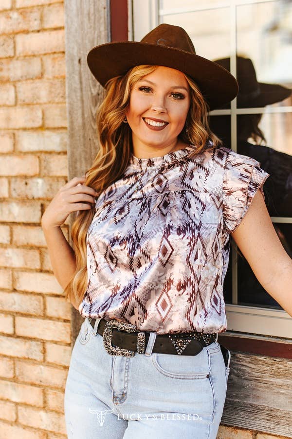 Texas Aztec Satin Ruffle Top