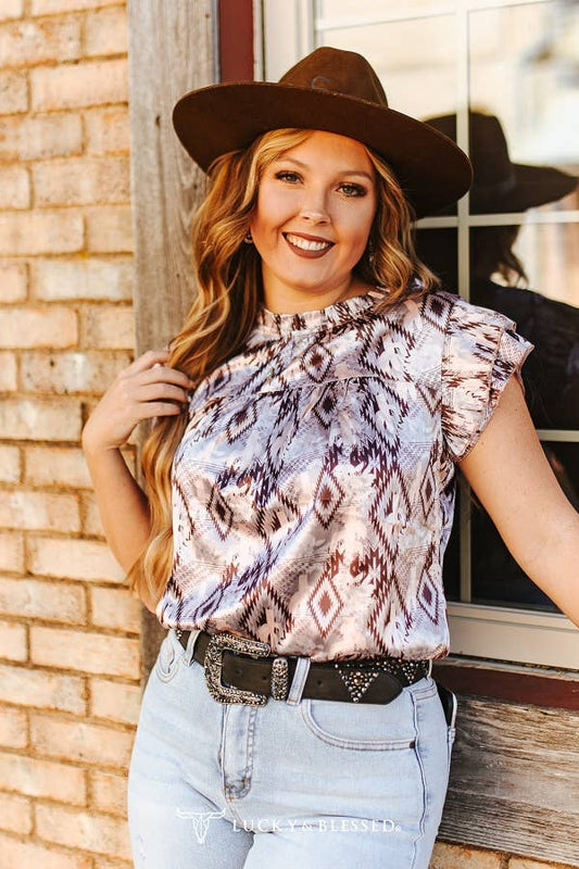 Texas Aztec Satin Ruffle Top