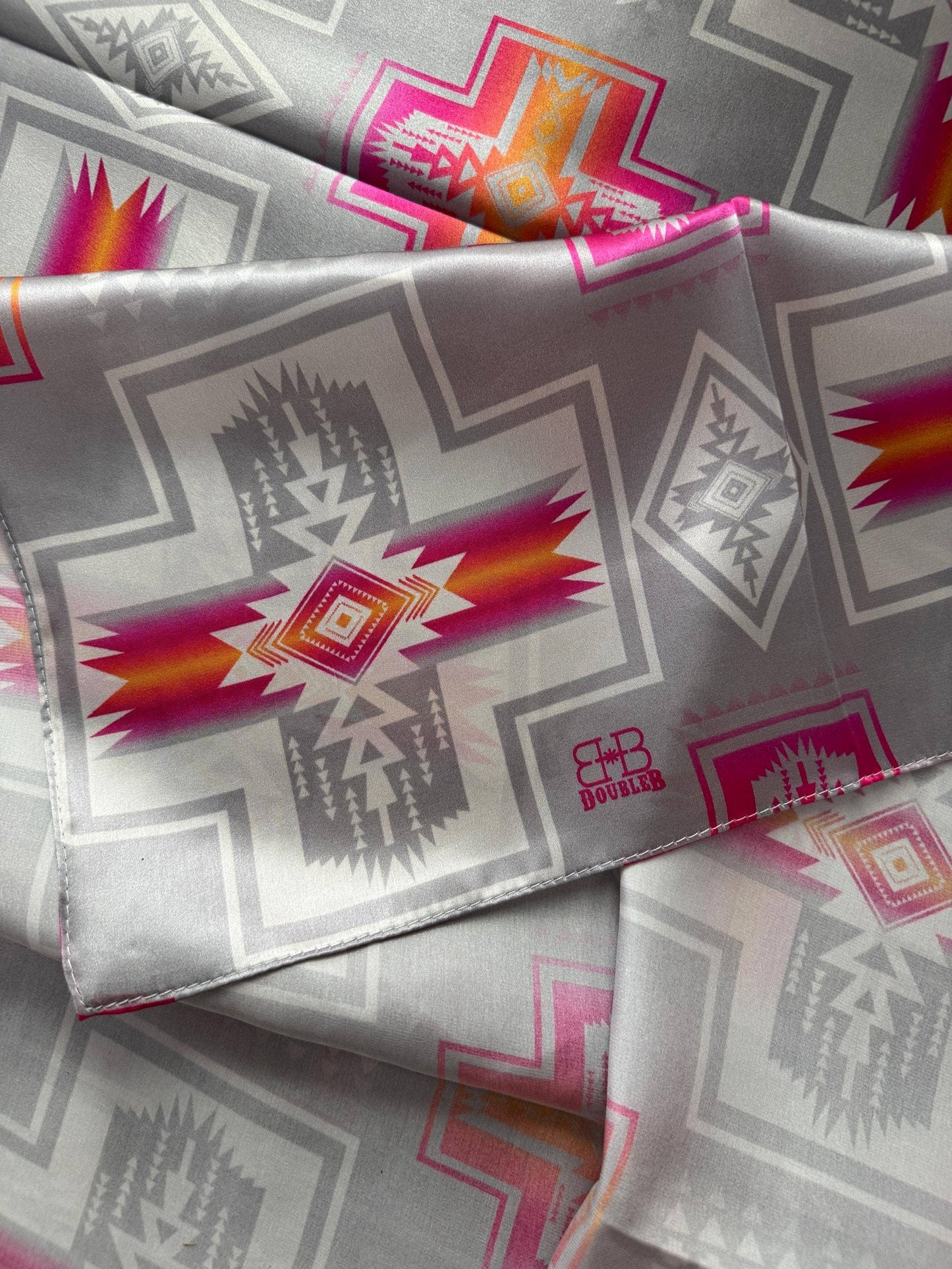 Silver & Pink Aztec 100% Silk Wild Rag