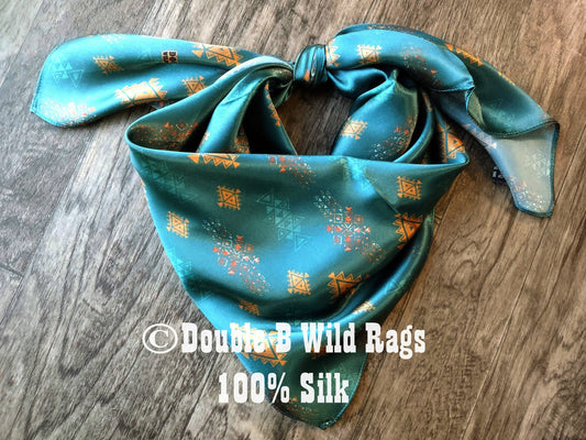 Teal & Bronze Aztec 100% Silk Wild Rag