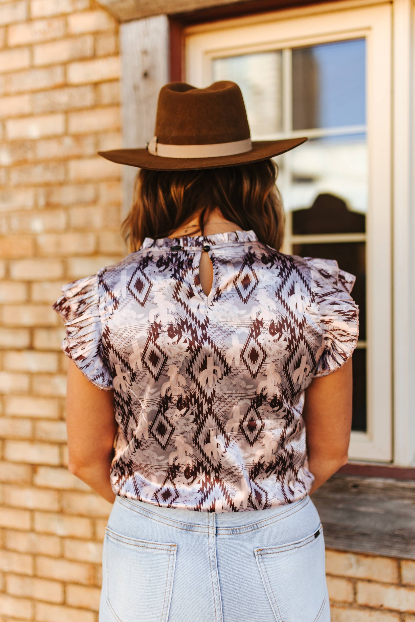 Texas Aztec Satin Ruffle Top