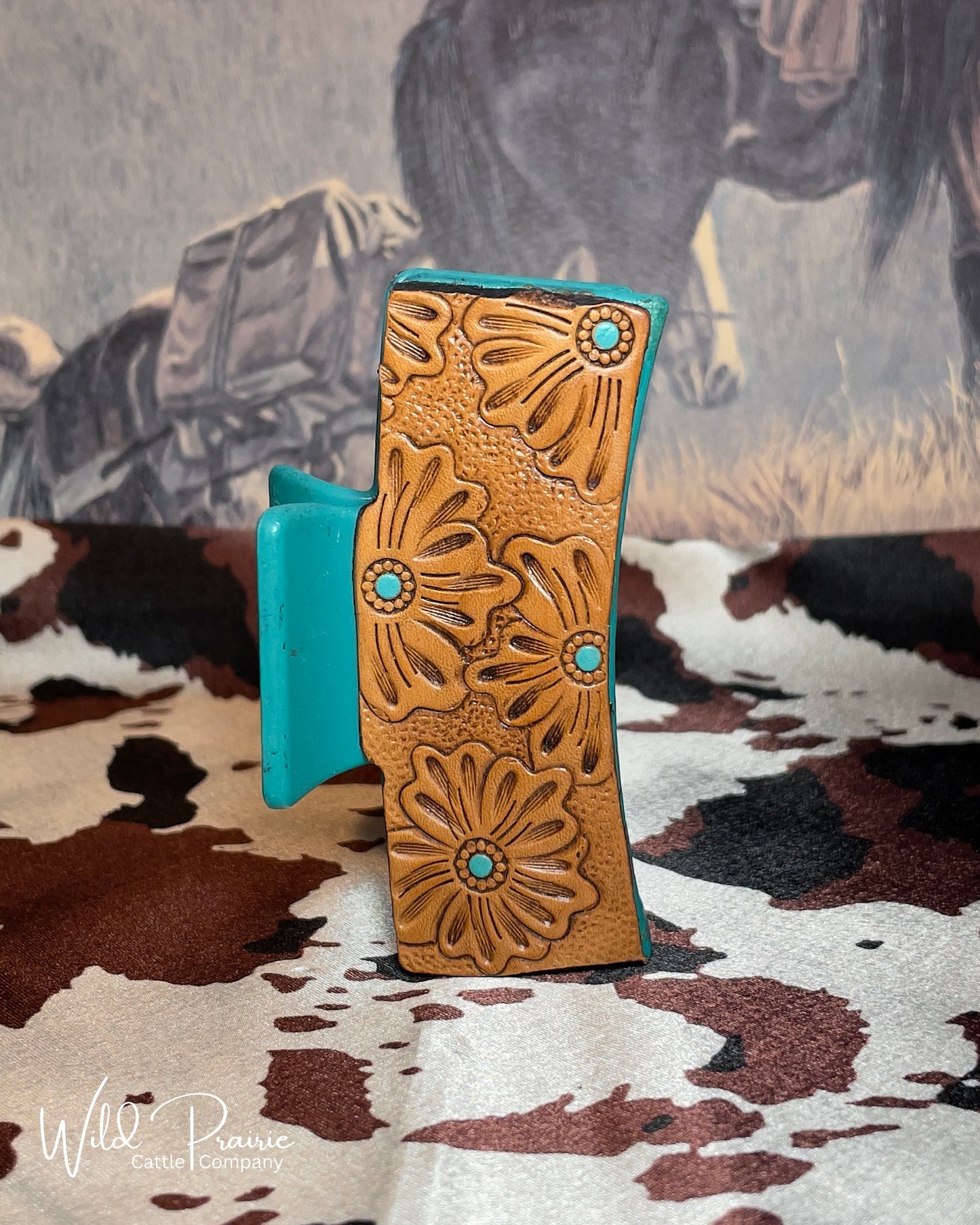 Blue Claw Clip - Tooled Leather