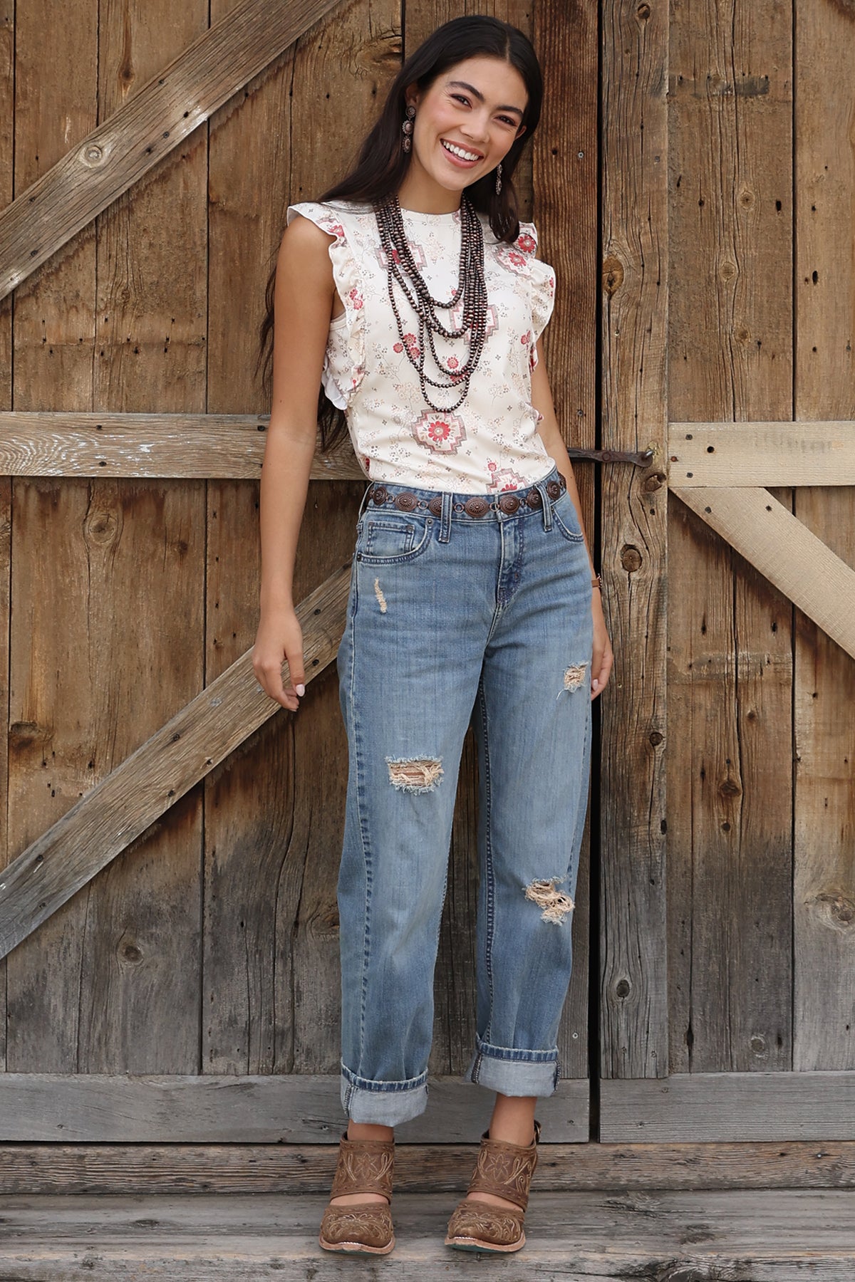 Cruel Denim Floral Ruffle Trim Tank Top - Cream