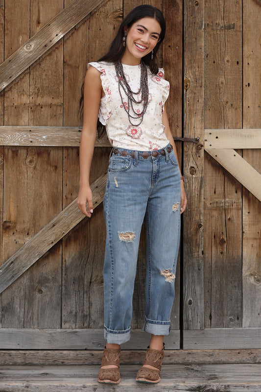 Cruel Denim Floral Ruffle Trim Tank Top - Cream