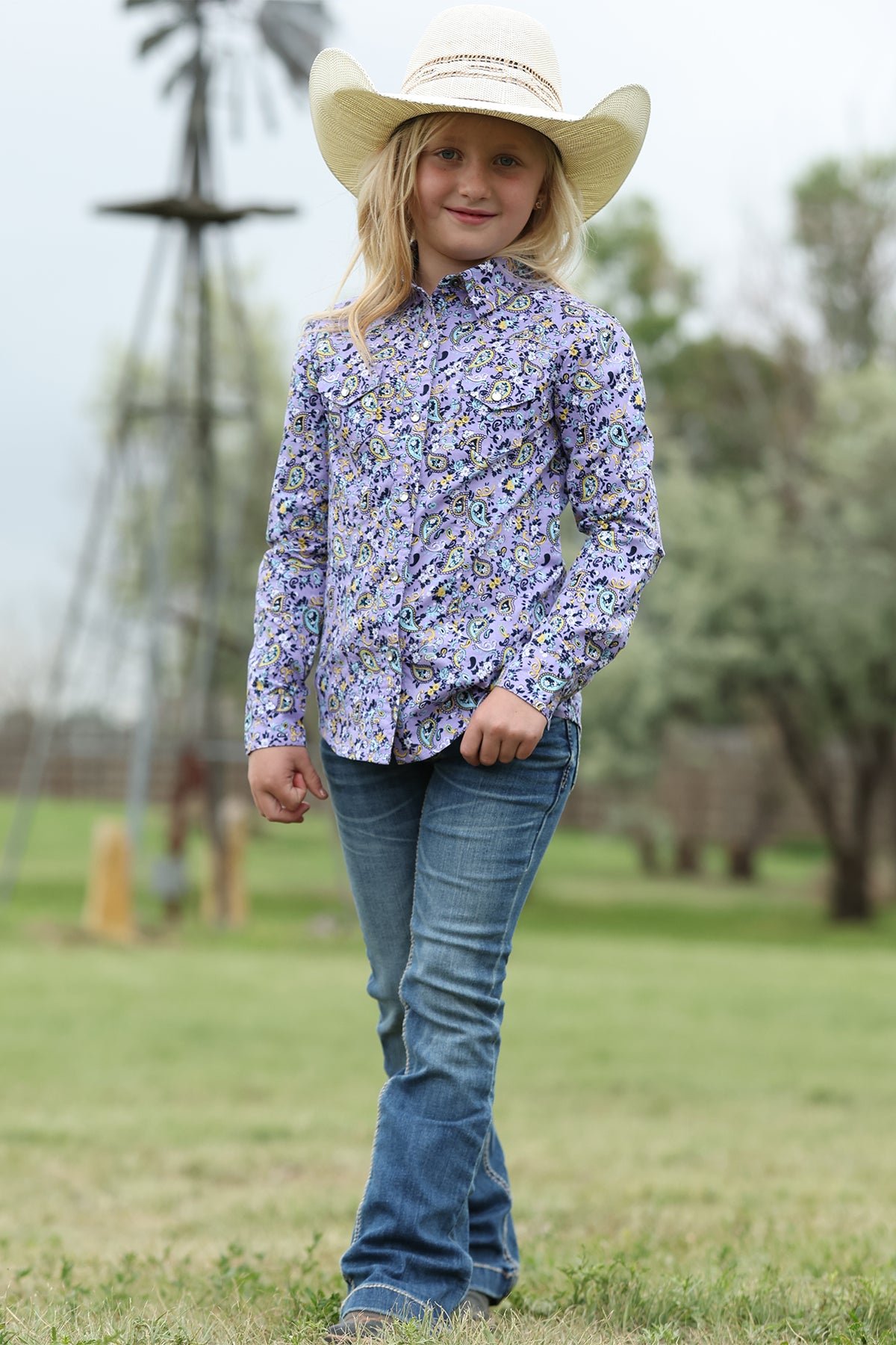 Cruel Denim Girls Button Down Western Shirt - Lilac Paisley