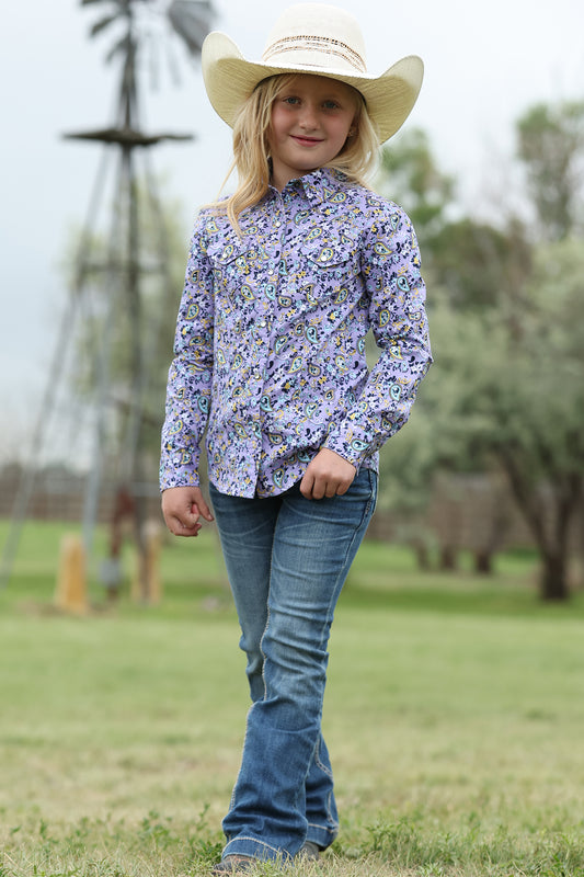 Cruel Denim Girls Button Down Western Shirt - Lilac Paisley