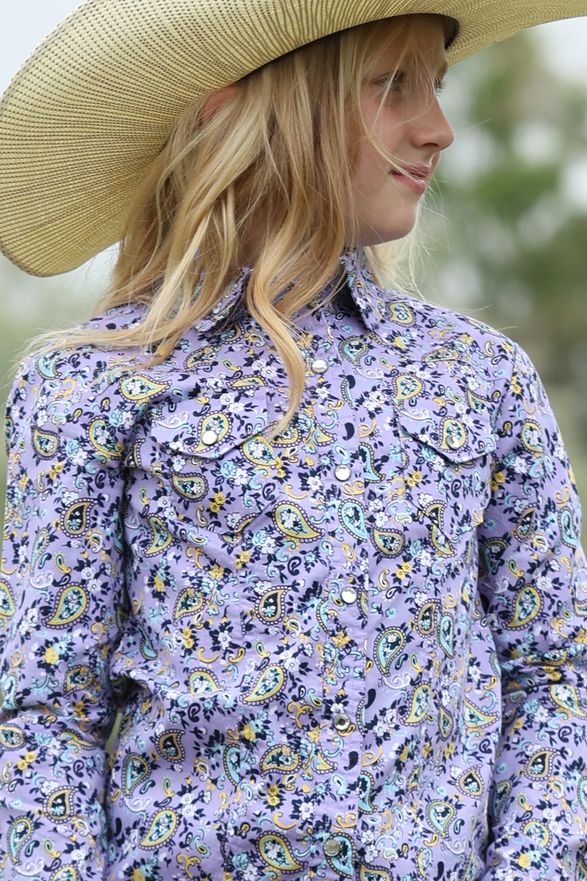 Cruel Denim Girls Button Down Western Shirt - Lilac Paisley