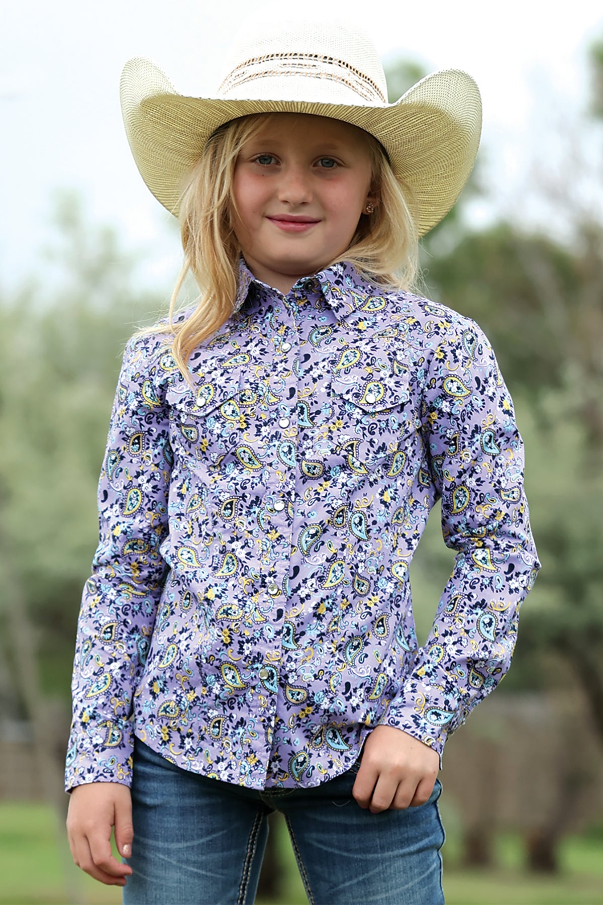 Cruel Denim Girls Button Down Western Shirt - Lilac Paisley