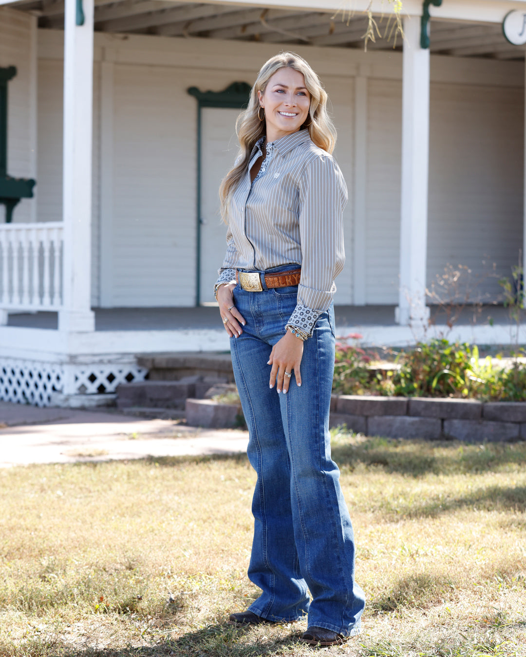 Cinch TENCEL™ Button-Down Western Shirt - Tan Blue Stripe