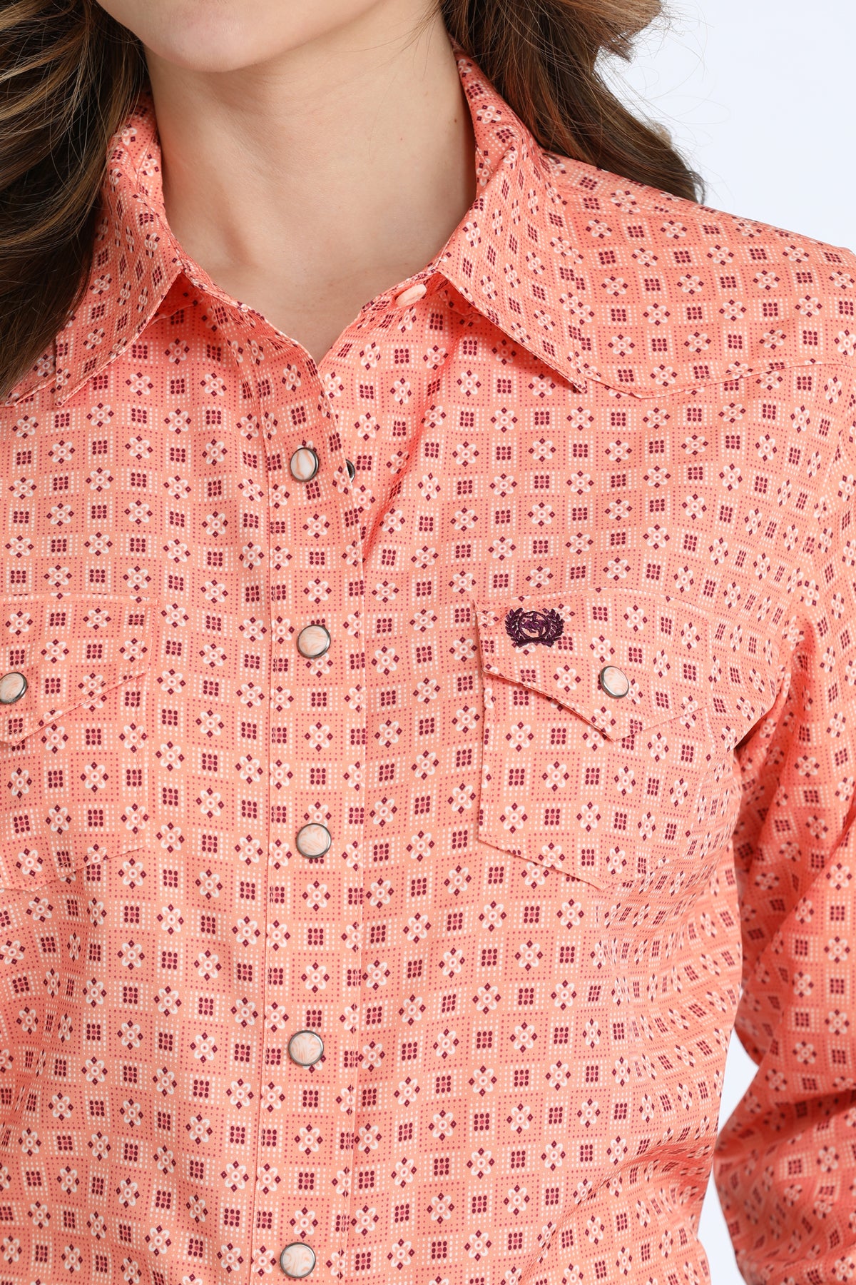 Cinch ArenaFlex Button-Down Western Shirt - Coral Geo Print