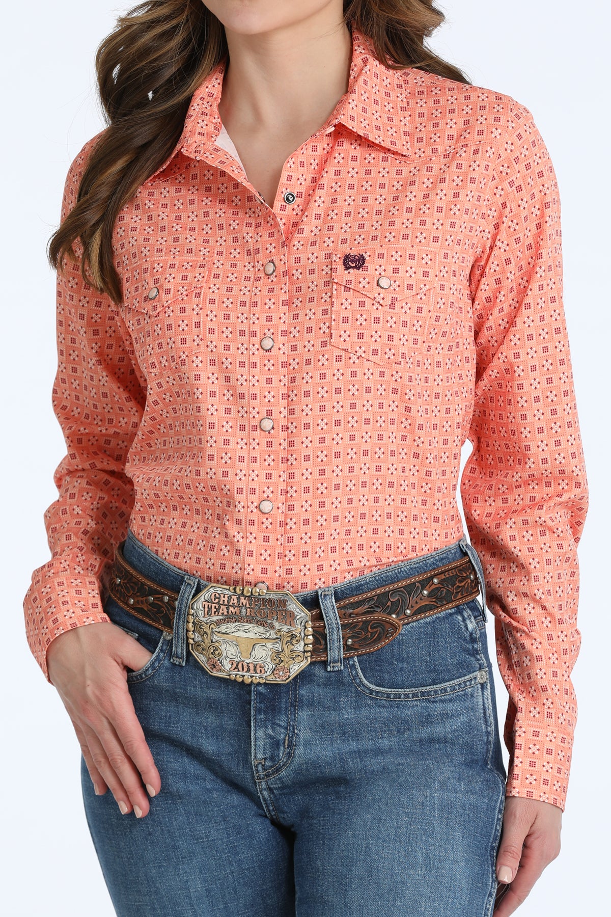 Cinch ArenaFlex Button-Down Western Shirt - Coral Geo Print