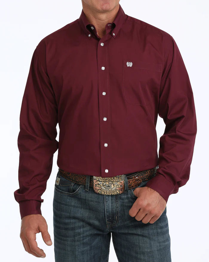 Cinch Solid Classic Fit Button-Down Western Shirt - Burgundy