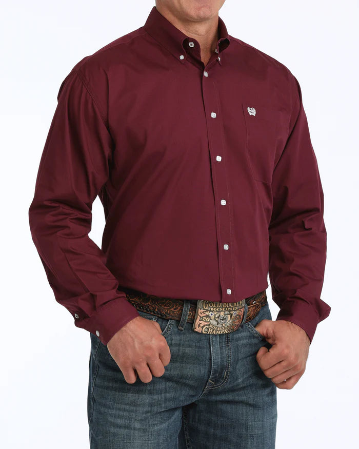 Cinch Solid Classic Fit Button-Down Western Shirt - Burgundy