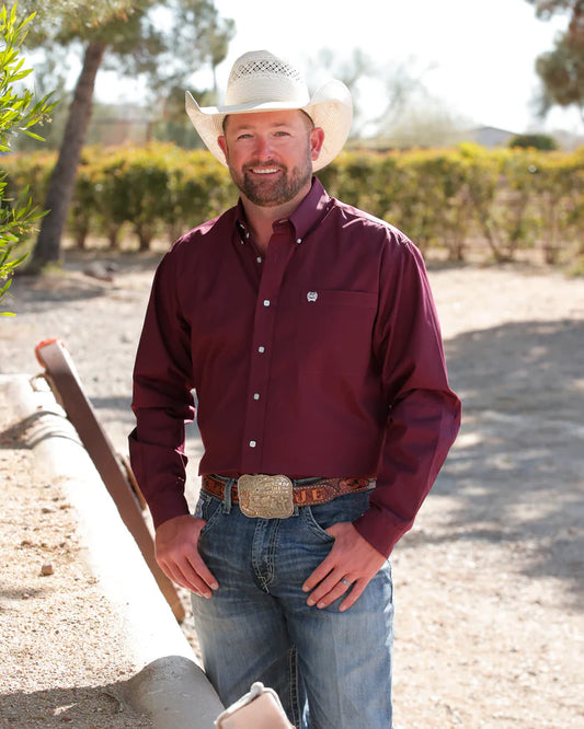 Cinch Solid Classic Fit Button-Down Western Shirt - Burgundy