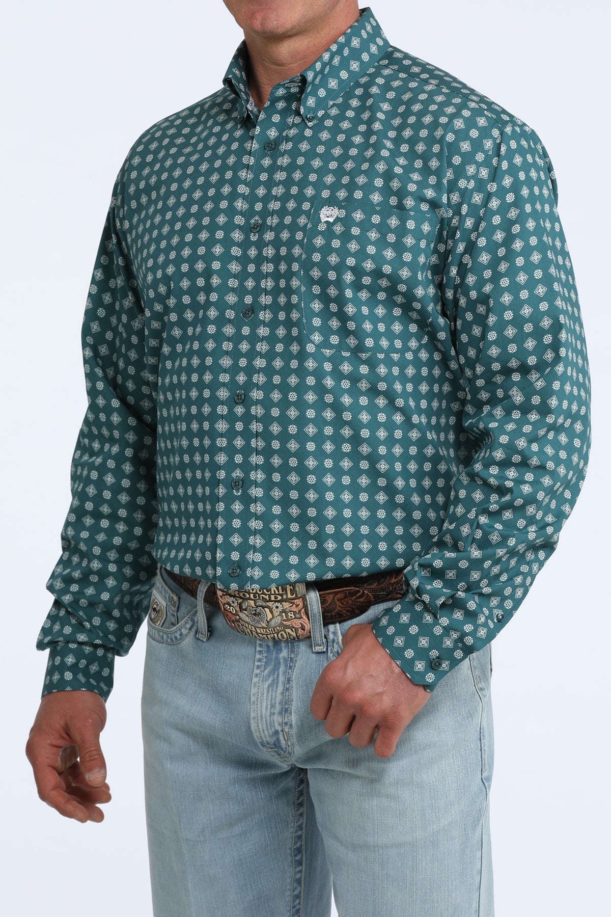 Cinch Classic Fit Button-Down Western Shirt - Teal Geo Print