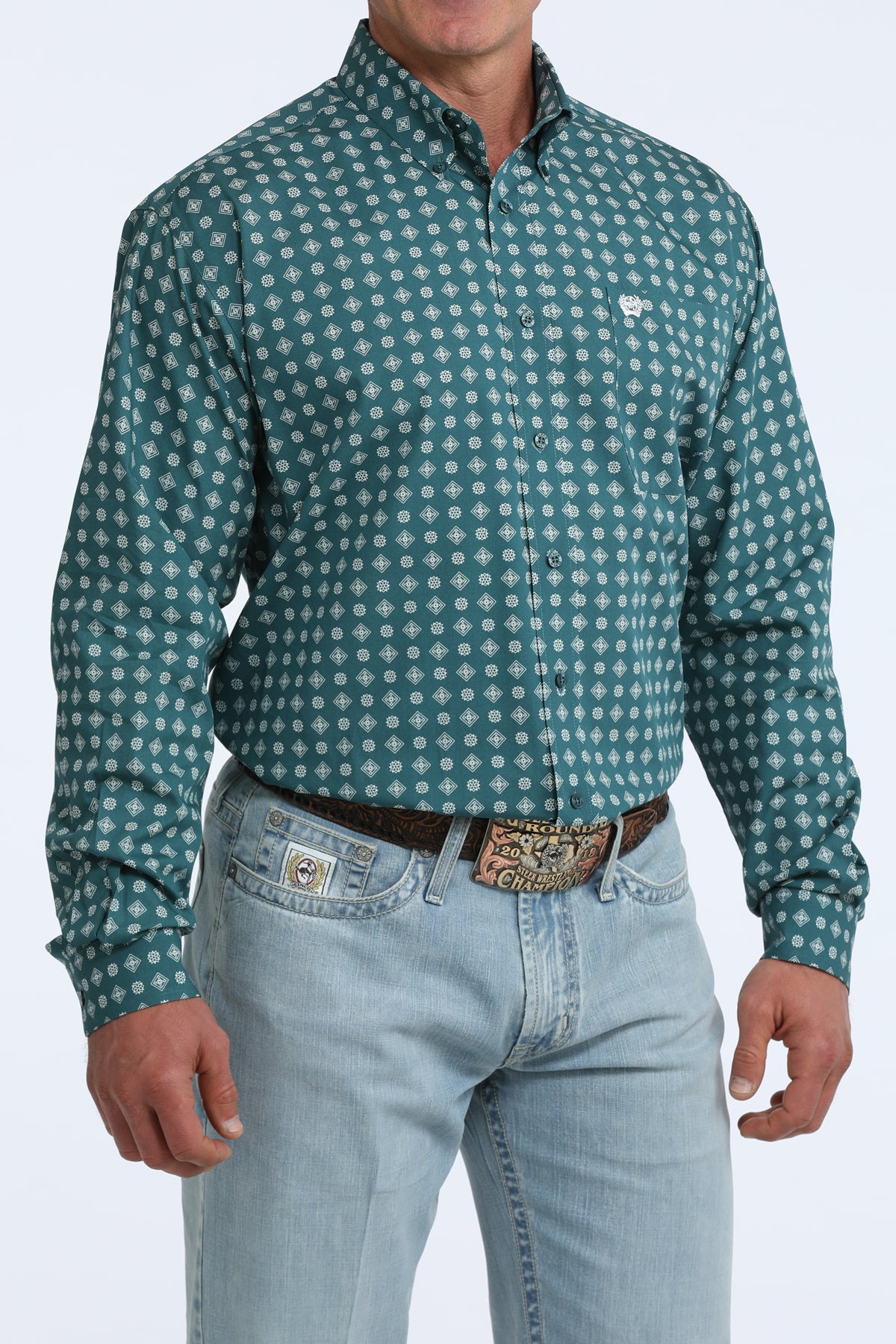 Cinch Classic Fit Button-Down Western Shirt - Teal Geo Print