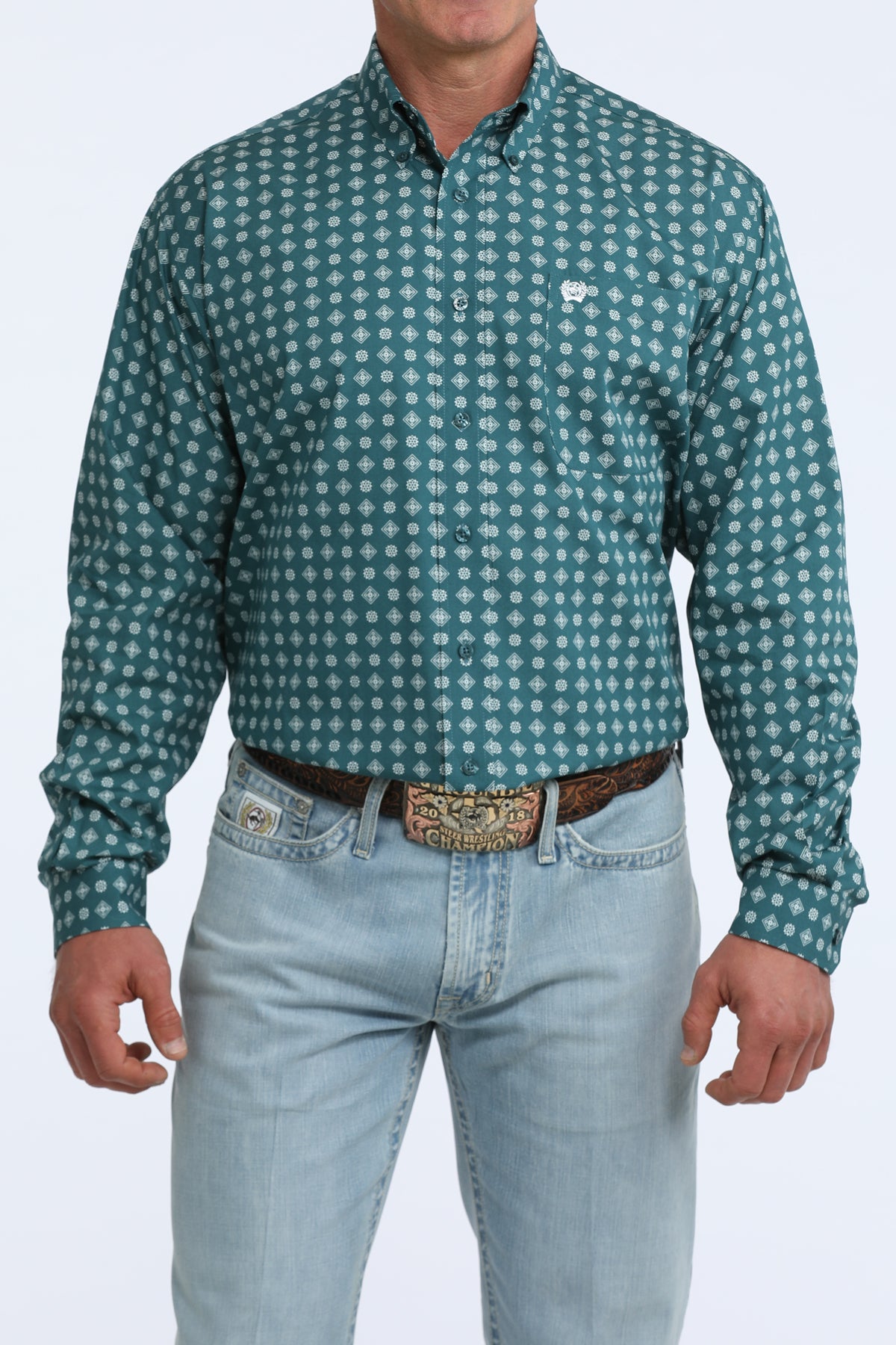Cinch Classic Fit Button-Down Western Shirt - Teal Geo Print
