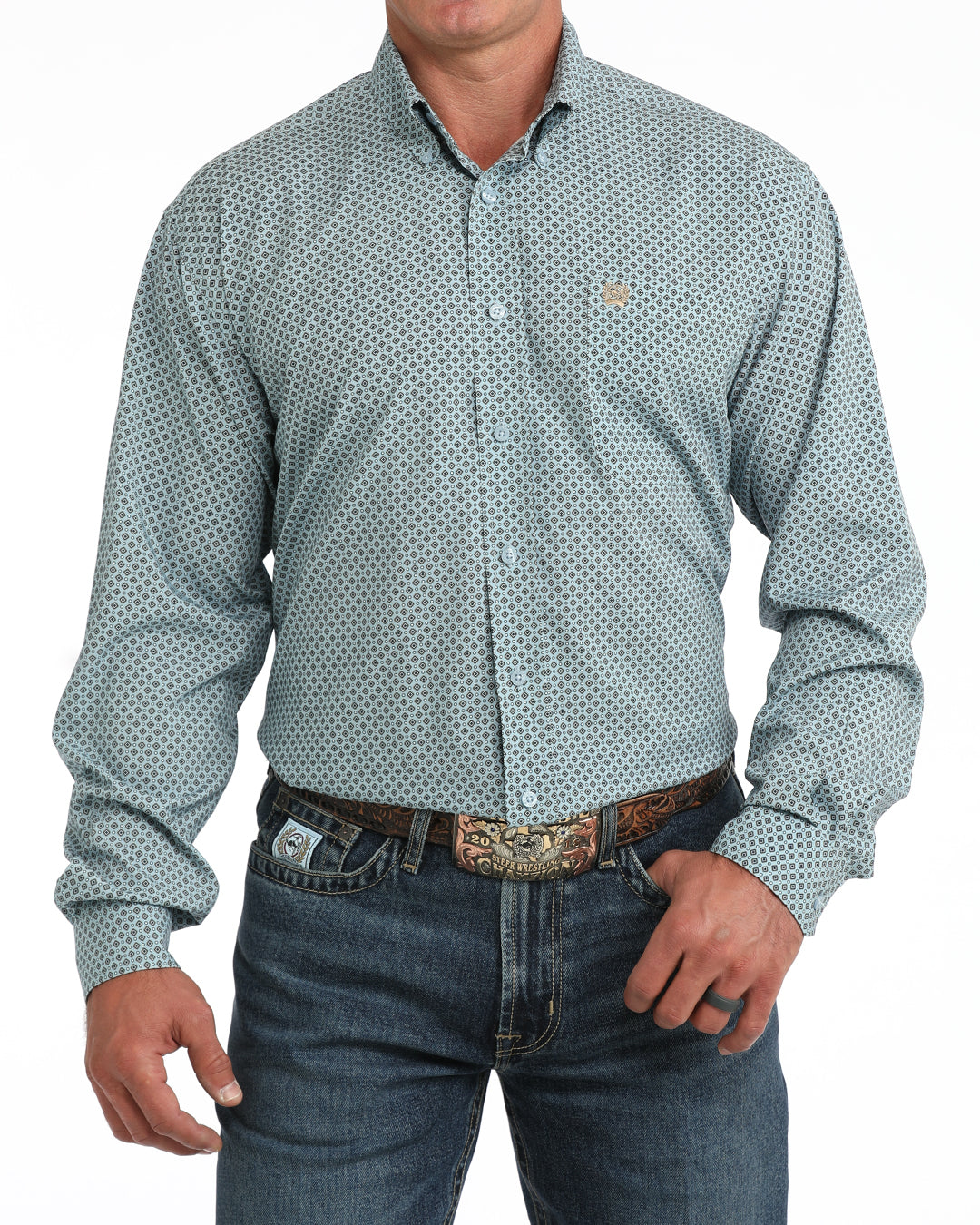 Cinch Arenaflex Button-Down Western Shirt - Light Blue Geo Print