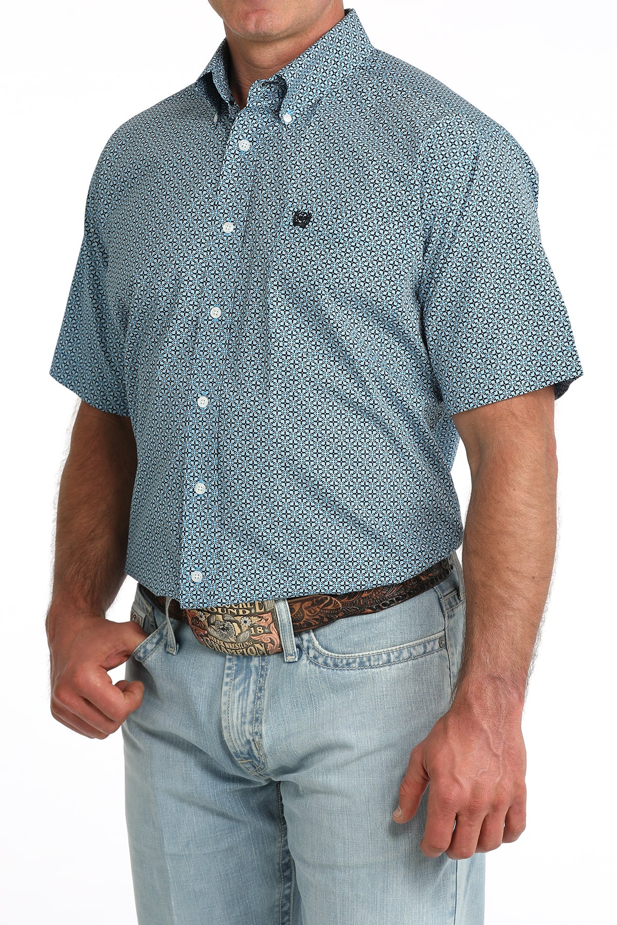 Cinch Classic Fit Short Sleeve Button Down Shirt - Blue Geo Print