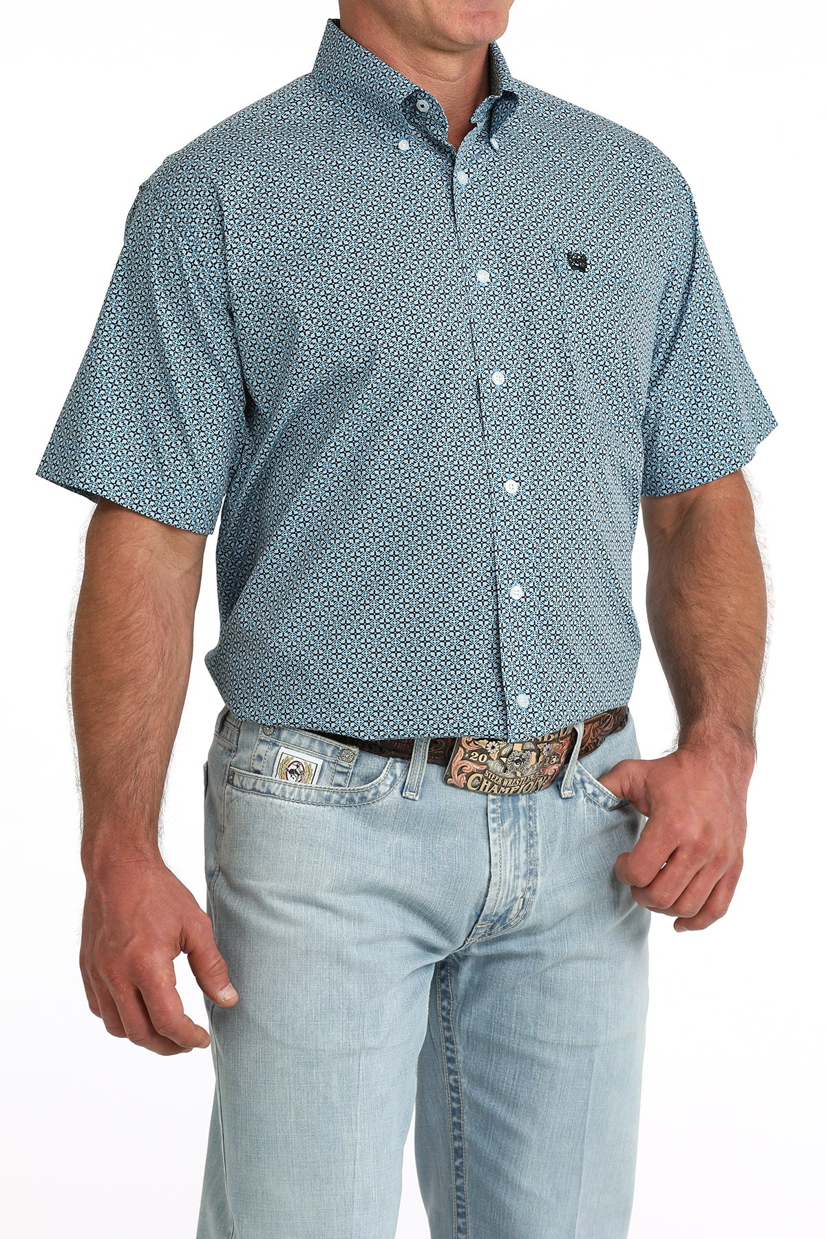 Cinch Classic Fit Short Sleeve Button Down Shirt - Blue Geo Print