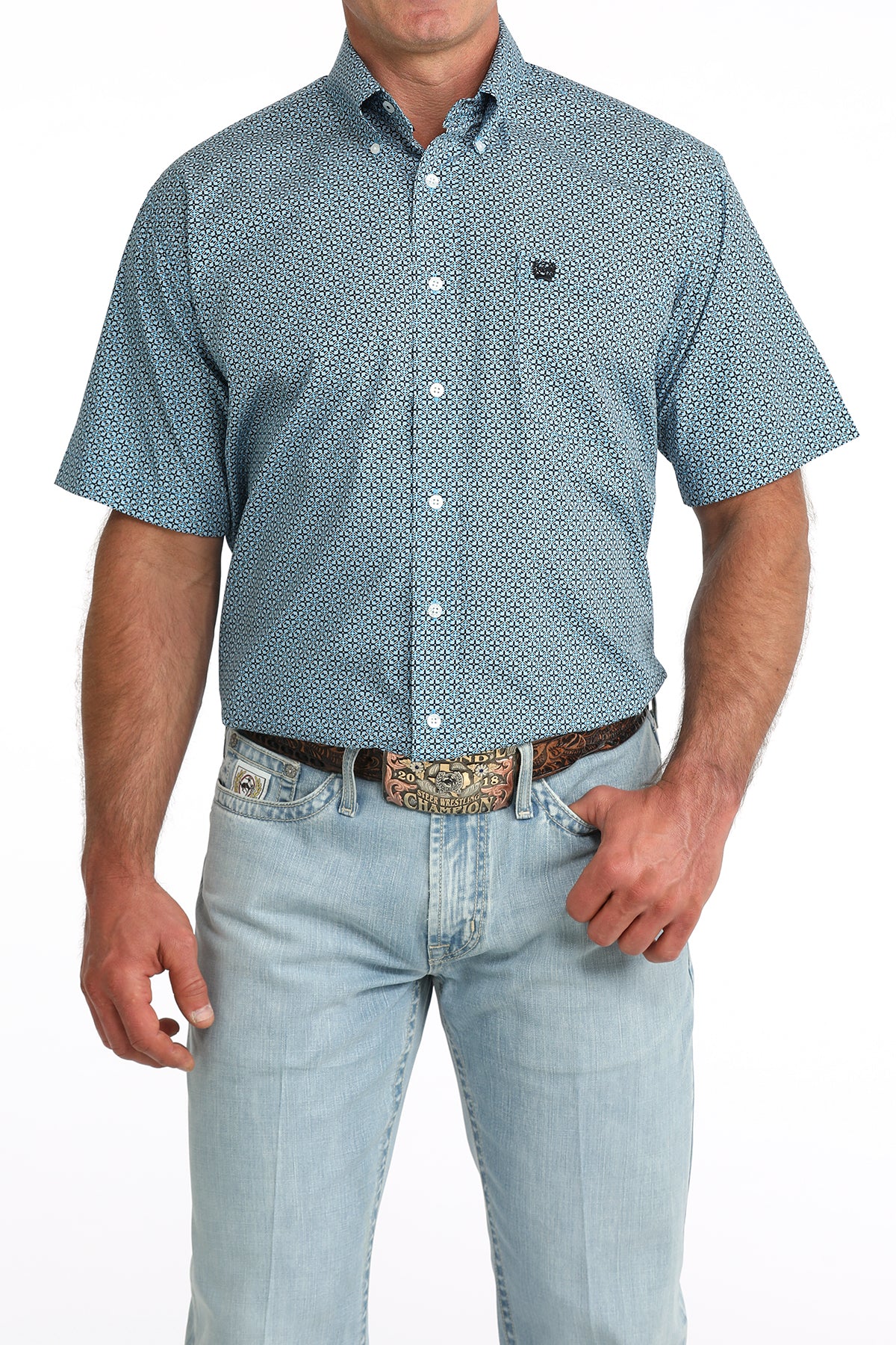 Cinch Classic Fit Short Sleeve Button Down Shirt - Blue Geo Print