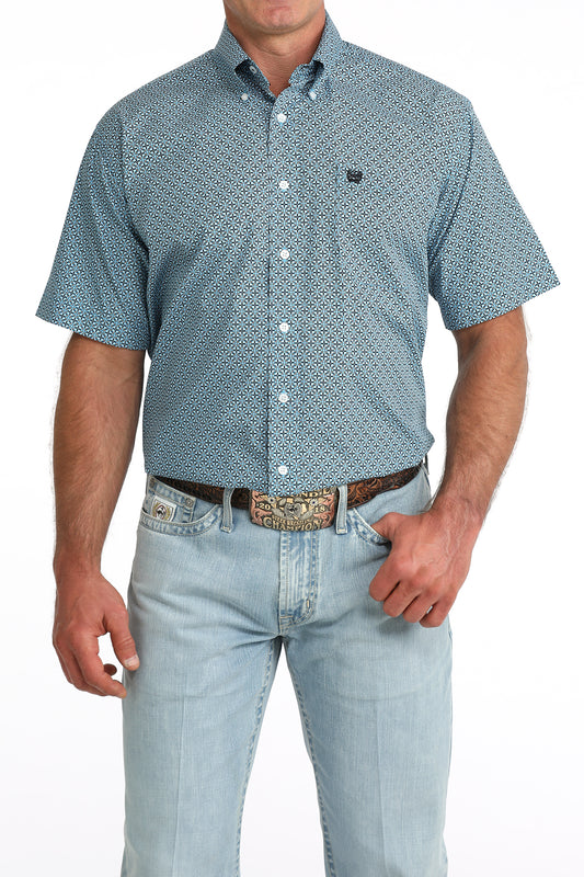 Cinch Classic Fit Short Sleeve Button Down Shirt - Blue Geo Print