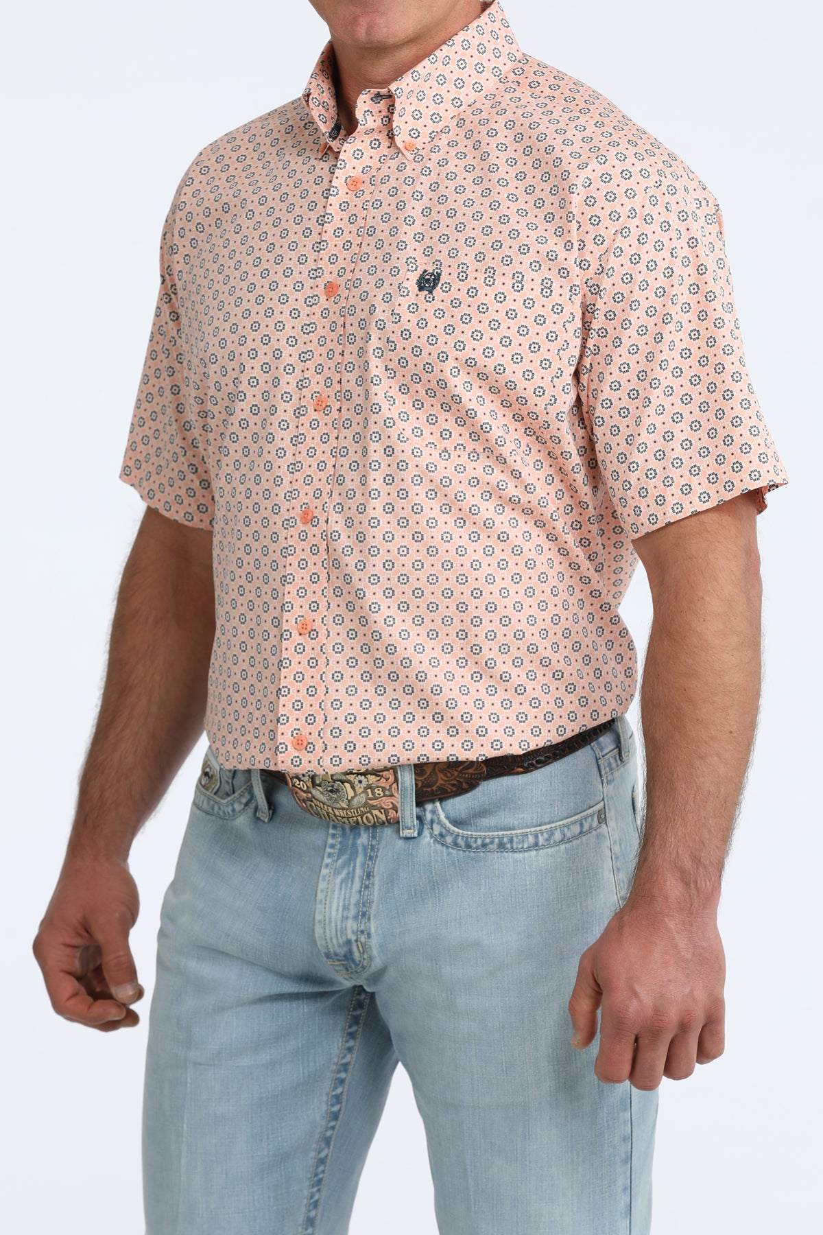 Cinch Classic Fit Short Sleeve Button Down Shirt - Peach Geo Print