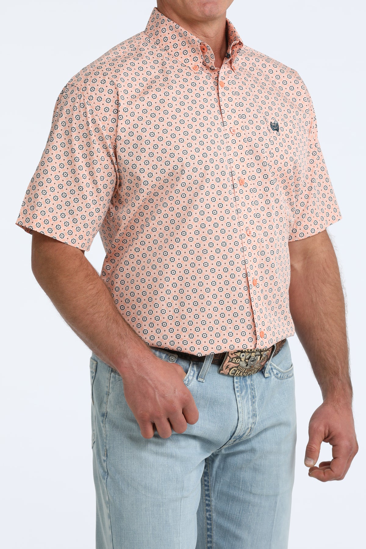 Cinch Classic Fit Short Sleeve Button Down Shirt - Peach Geo Print