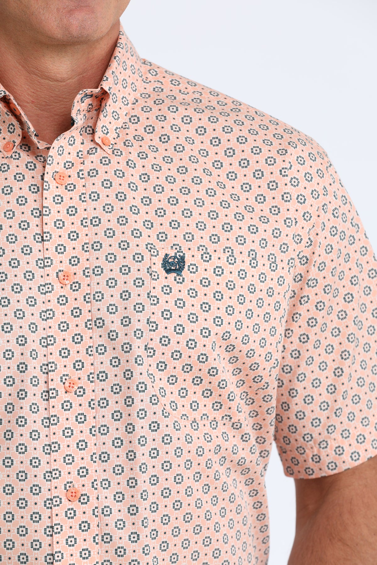 Cinch Classic Fit Short Sleeve Button Down Shirt - Peach Geo Print