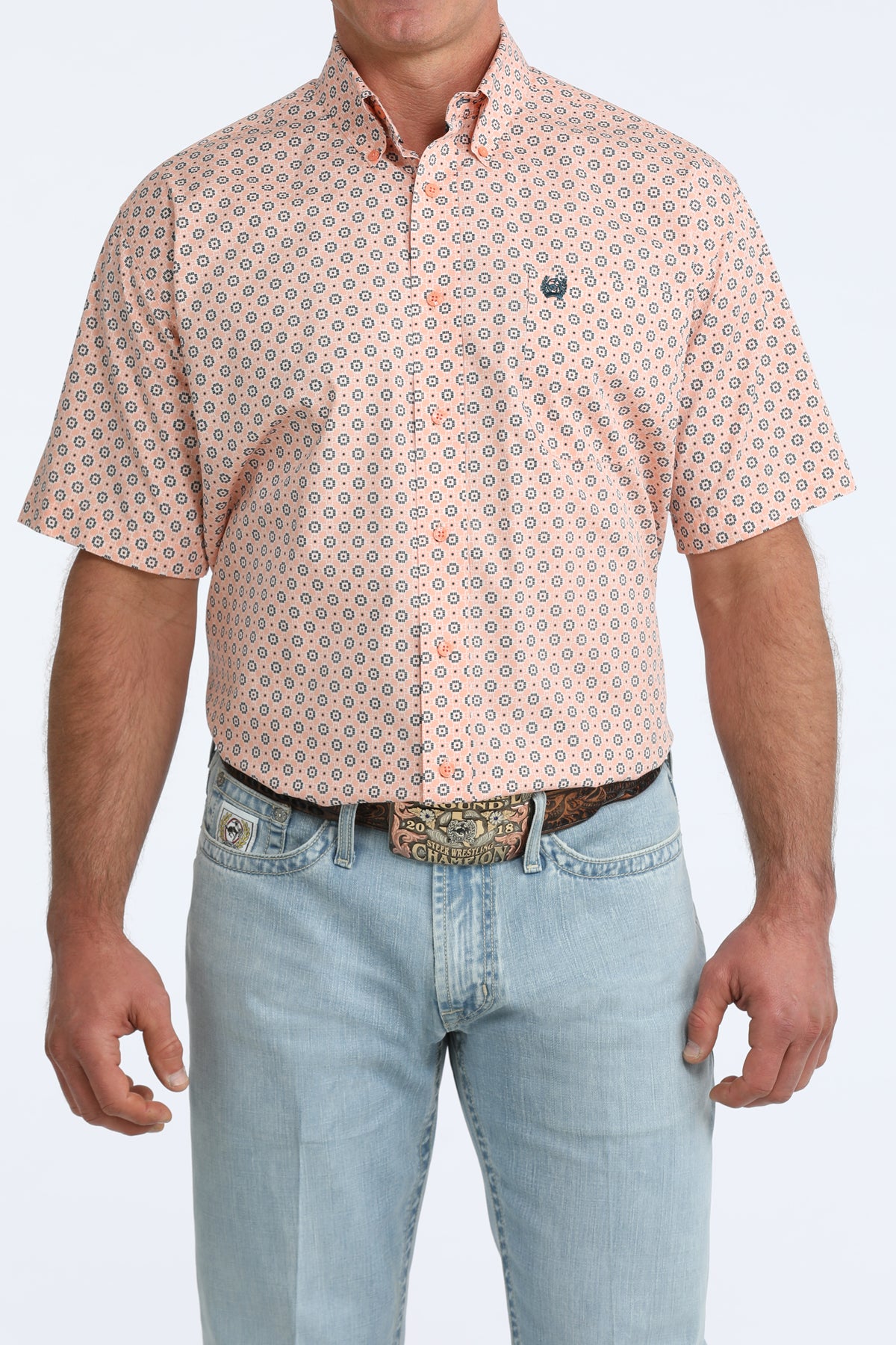 Cinch Classic Fit Short Sleeve Button Down Shirt - Peach Geo Print
