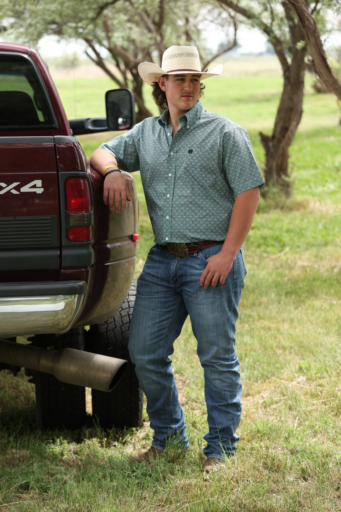 Cinch Classic Fit Short Sleeve Button Down Shirt - Mint Geo Print
