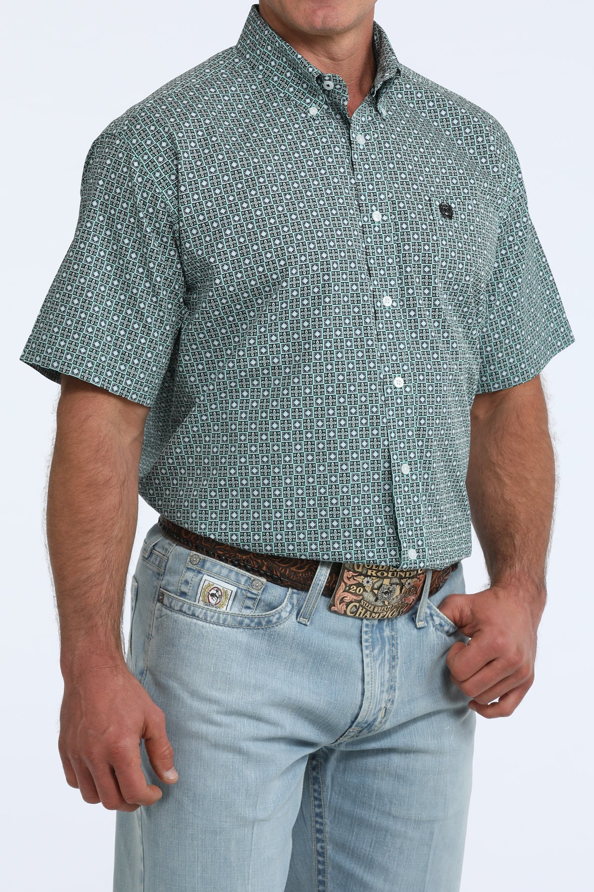 Cinch Classic Fit Short Sleeve Button Down Shirt - Mint Geo Print