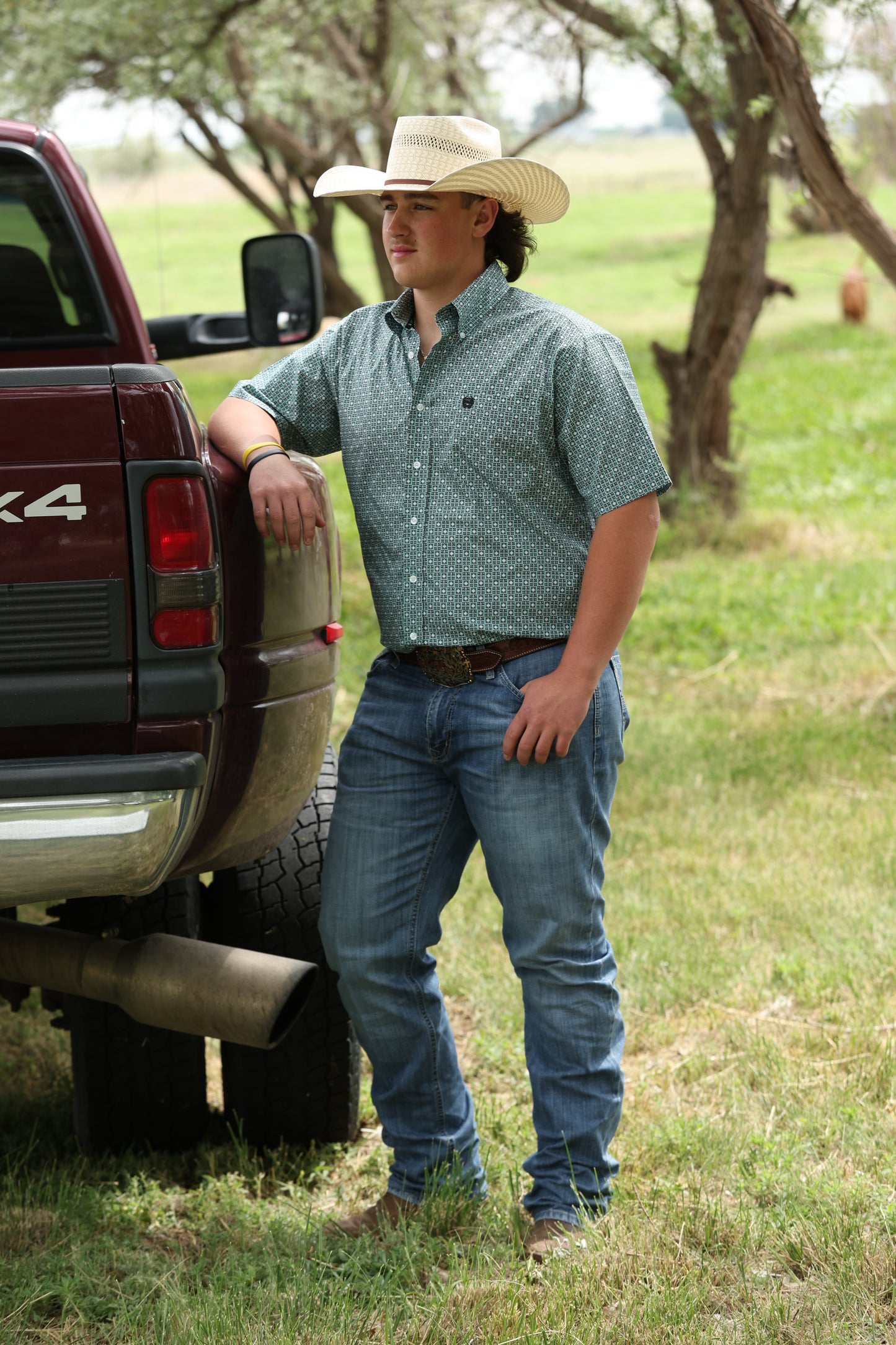 Cinch Classic Fit Short Sleeve Button Down Shirt - Mint Geo Print