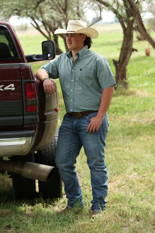 Cinch Classic Fit Short Sleeve Button Down Shirt - Mint Geo Print