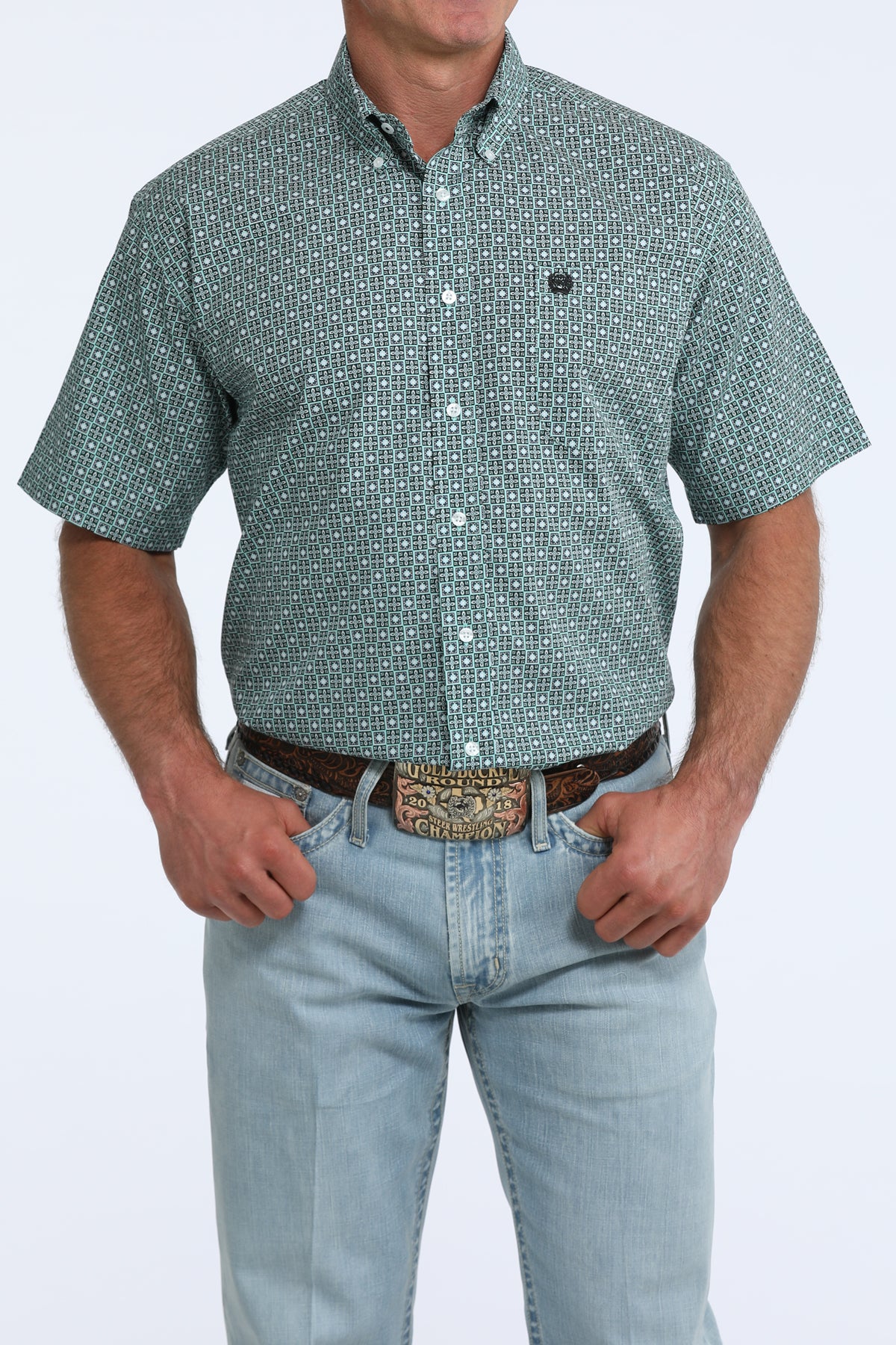 Cinch Classic Fit Short Sleeve Button Down Shirt - Mint Geo Print