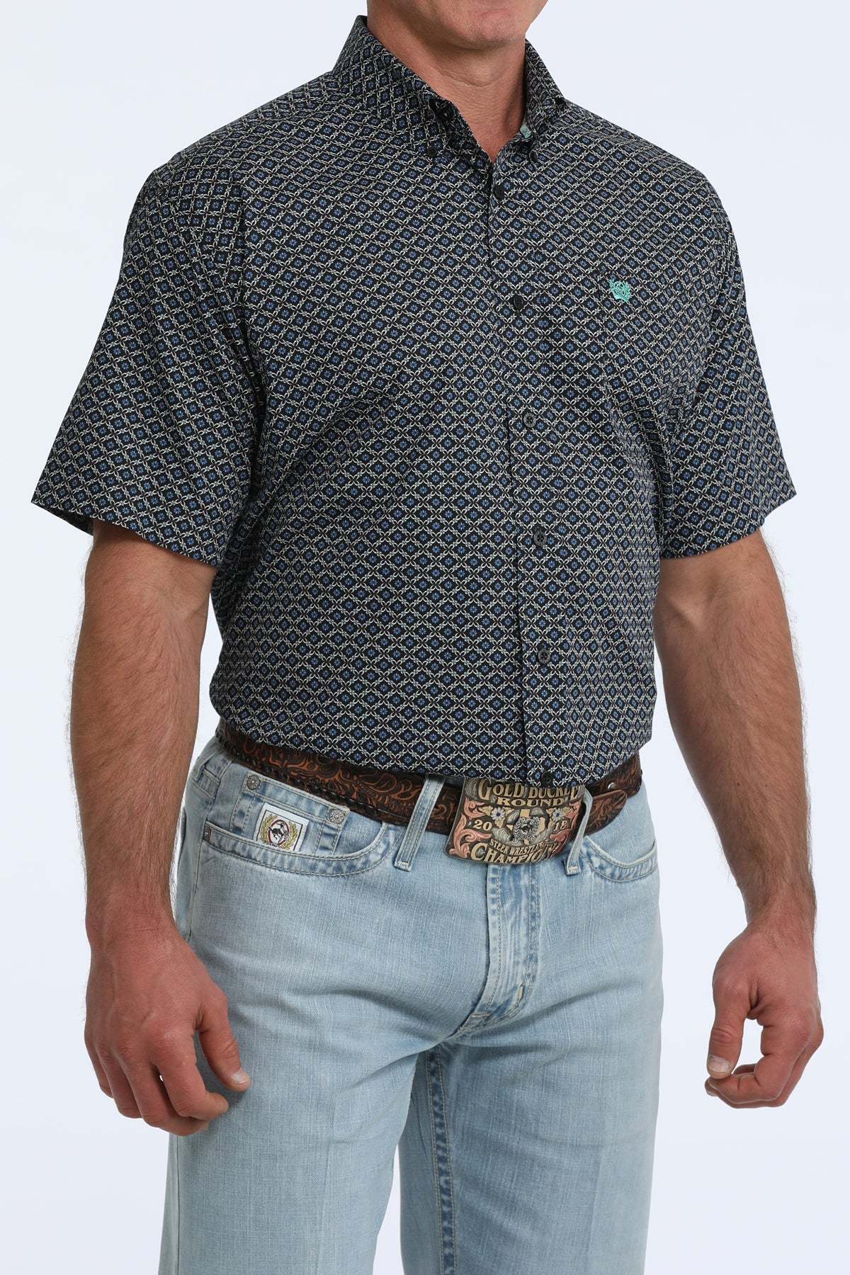 Cinch Classic Fit Short Sleeve Button Down Shirt - Black Geo Print