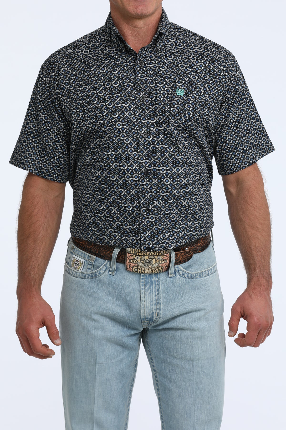 Cinch Classic Fit Short Sleeve Button Down Shirt - Black Geo Print