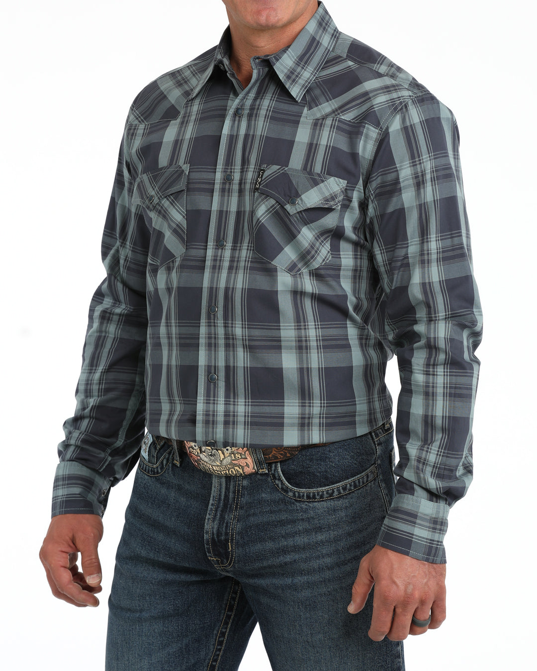 Cinch Solid Modern Fit Button-Down Western Shirt - Blue Plaid
