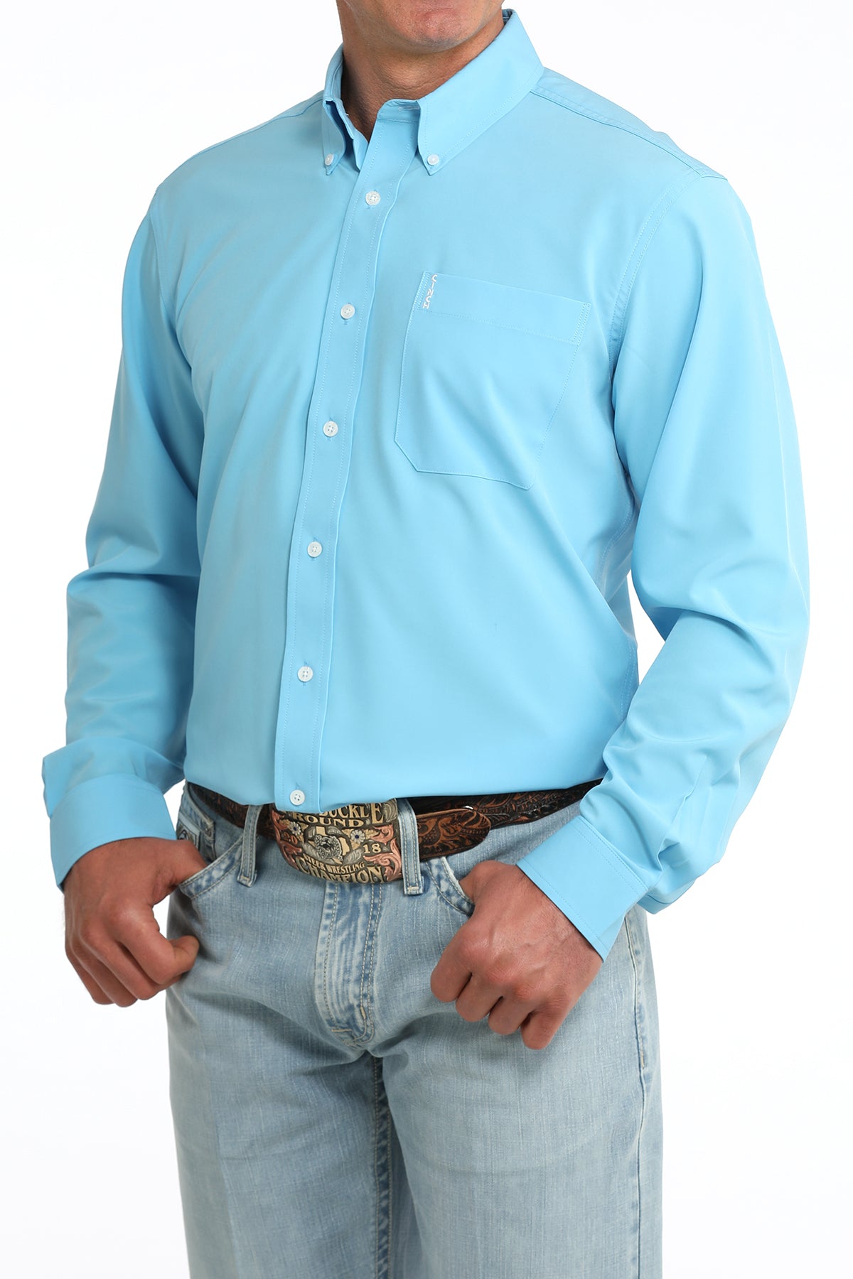 Cinch Solid Modern Fit Button-Down Western Shirt - Light Blue