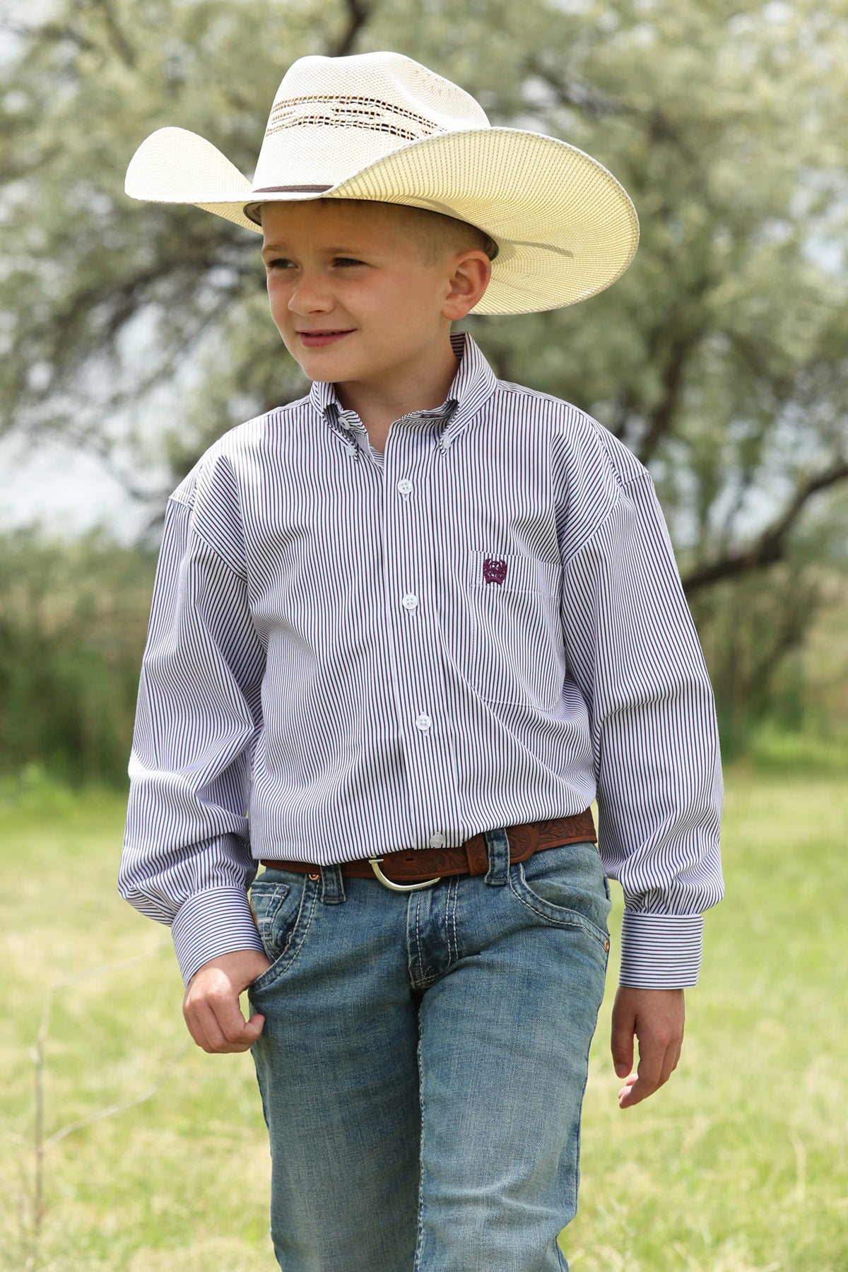 Cinch Boys Button-Down Western Shirt - Maroon Stripe
