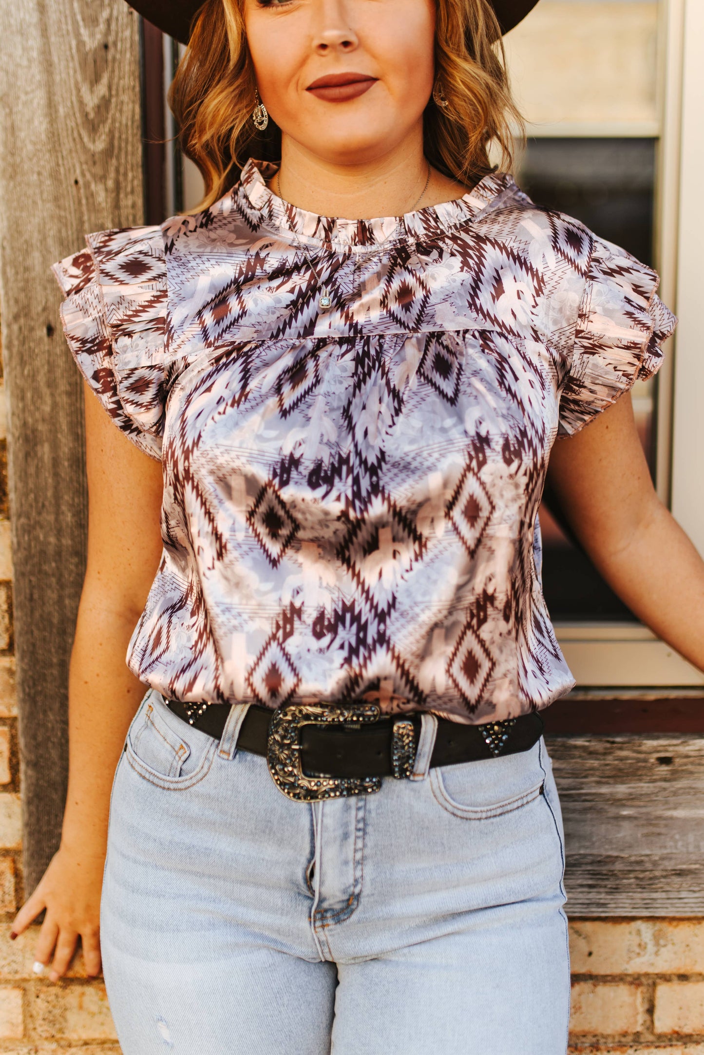 Texas Aztec Satin Ruffle Top