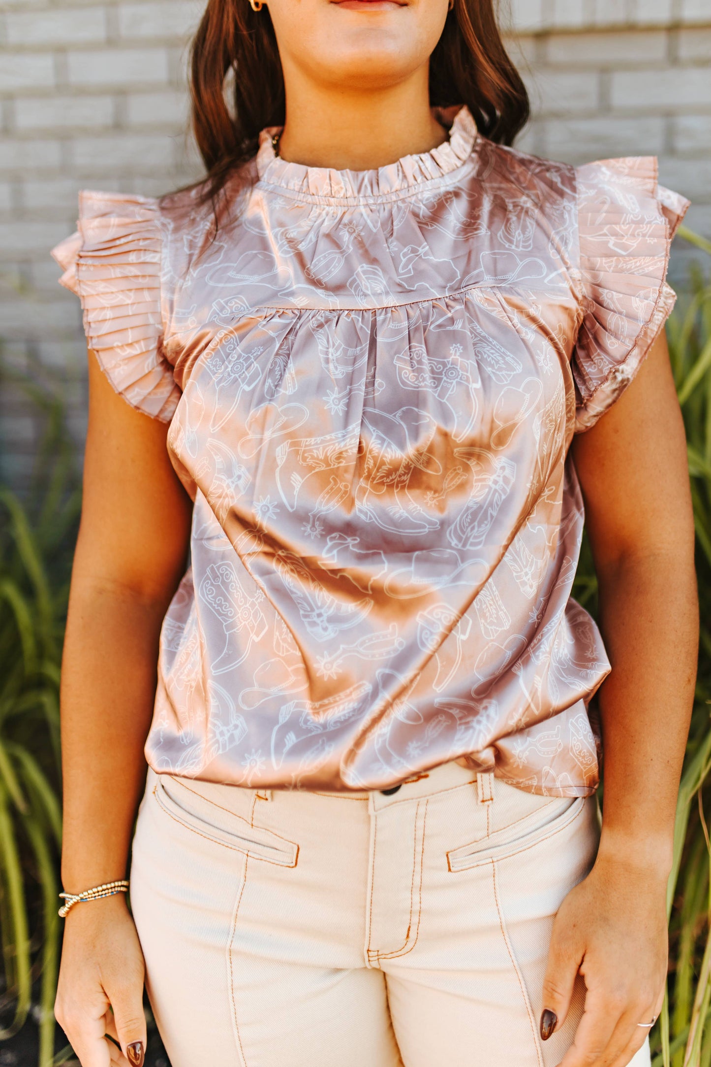 Western Champagne Satin Ruffle Top